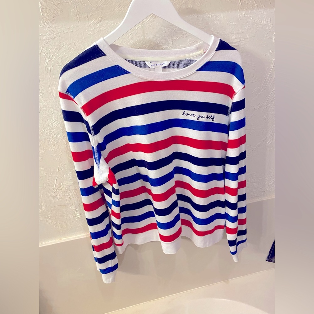 POPSUGAR Crew Neck Sweatshirt Red White & Blue Striped: Size XXL
